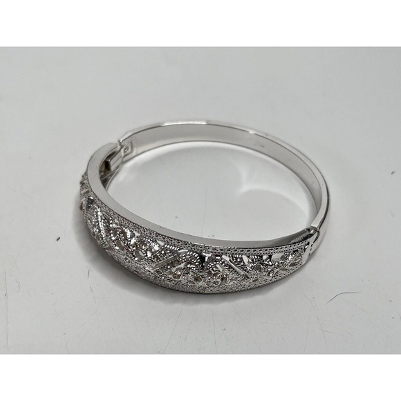 CHARTER CLUB Hinged Bangle Bracelet New Silvertone Clear Austrian Crystals - Picture 3 of 5